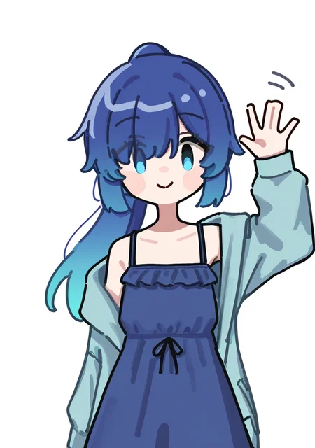 masterpiece, best quality, very aesthetic BREAK 1girl, solo, eyes visible through hair, blue hair, long hair, jacket, ponytail, smile, bare shoulders, off shoulder, looking at viewer, multicolored hair, bangs, sleeveless dress, white background, waving
<lora:noob05-Kyora-san-unet only-jan31-step00002464:1>