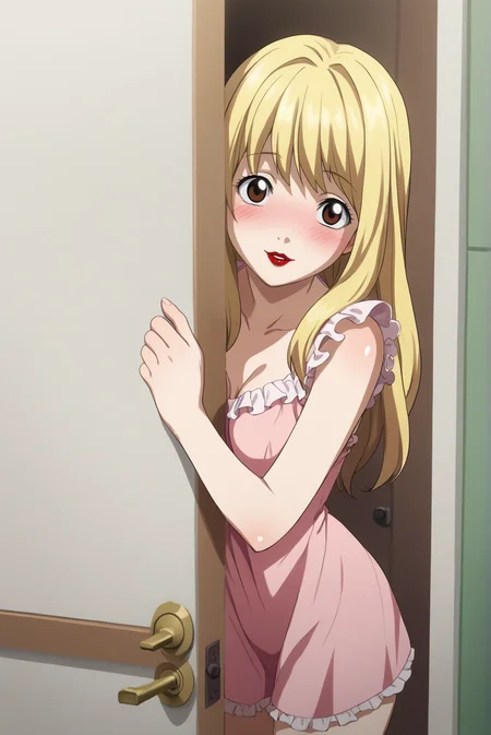 score_9, score_8_up, score_7_up, score_6_up, score_5_up, score_4_up, BREAK source_anime, 1girl, solo,
<lora:MisaMisaXL-v2-07:0.7>, ChopioMisaMisa, blonde hair, brown eyes, looking at viewer,
medium breasts, perky breasts,
long hair, hair down, straight hair, red lipstick,
bedroom, door frame, doorway, <lora:XL_Concept_PeekingOutsafetensors:1>, peeking out, thighs,
outfit_7, pink nightgown, frills, shiny skin, shoulder blush, seductive smile, parted lips,