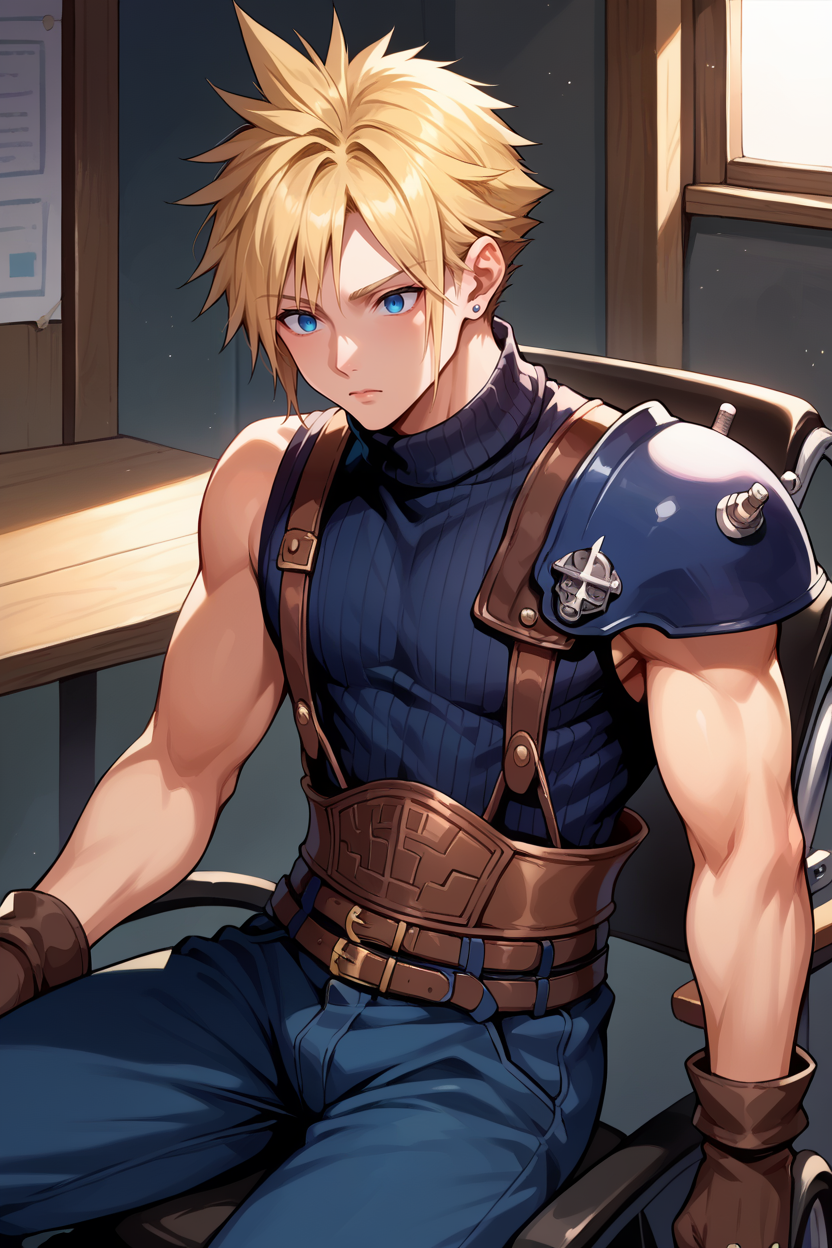 score_9, score_8_up, score_7_up, score_6_up, source_anime, 1boy, male focus, solo BREAK  <lora:cloudstrife-pdxl-nvwls-v1-000006:0.9> defCloud, blonde hair, single earring, suspenders, shoulder armor, sleeveless turtleneck, belt, baggy pants, blue pants, gloves, sitting in wheelchair, expressionless, blank eyes, indoors, wheelchair, arms at sides