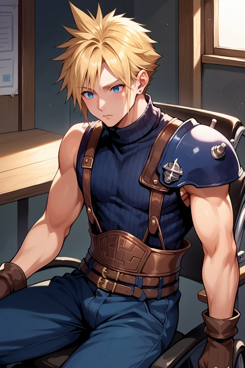 score_9, score_8_up, score_7_up, score_6_up, source_anime, 1boy, male focus, solo BREAK <lora:cloudstrife-pdxl-nvwls-v1-000006:0.9> defCloud, blonde hair, single earring, suspenders, shoulder armor, sleeveless turtleneck, belt, baggy pants, blue pants, gloves, sitting in wheelchair, expressionless, blank eyes, indoors, wheelchair, arms at sides