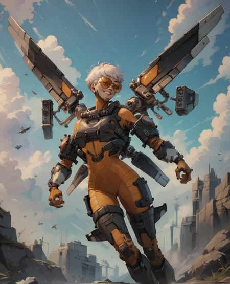 score_9,score_8_up,score_7_up,score_6_up,
kairiimahara,white hair,short hair, yellow sunglasses,
orange bodysuit,smile, 
jetpack,mechanical wings,
science fiction,
outside,clouds,sky,<lora:ValkAPL:1>,