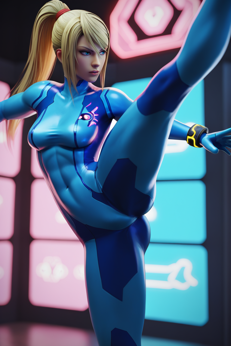 score_9, score_8_up, score_7_up, BREAK ,  <lora:fugtrup-guy-PONYv101:1>, 1girl, solo, samus aran, zero suit, bodysuit, ponytail, kicking, skin tight, high kick, indoors, neon trim, neon lights, glowing,