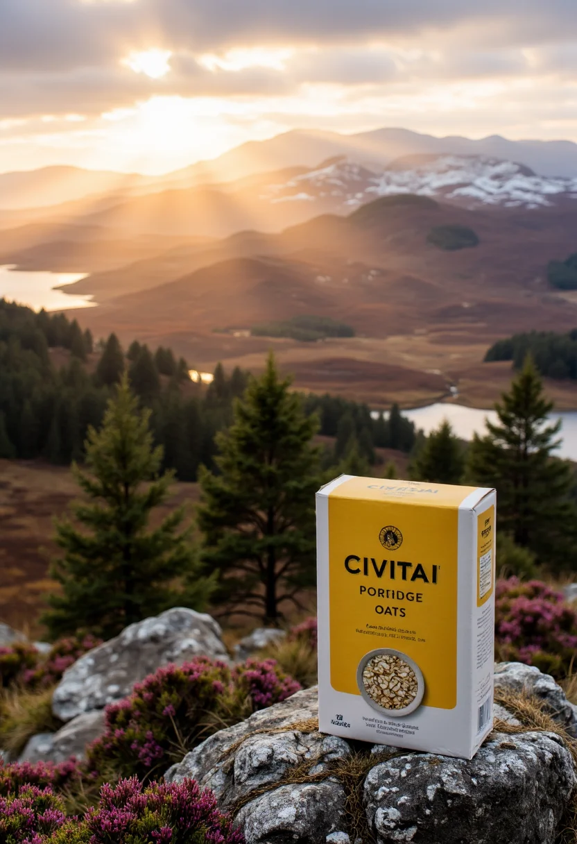 product photography, a box of "Civitai Porridge Oats", overlooking the beautiful Scottish highlands, pine forest and snow covered hills in distance, sunrise, cinematic
