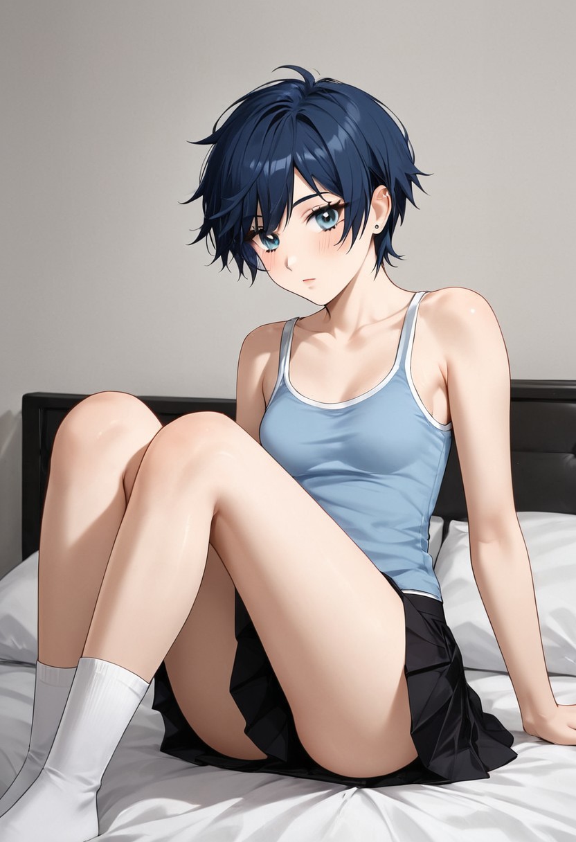 1girl, short hair, blond hair, small breasts, tank top, skirt, knee high stocking, solo,