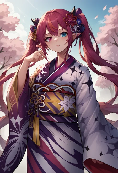 score_9, score_8_up, source_anime, 1girl, solo, IrysNewYears, heterochromia, purple eye, blue eye, twintails, hair flower, print kimono, wide sleeves, obi, <lora:CHAR-IrysPonyXL:1>