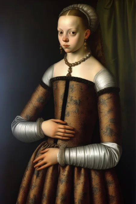 <lora:Sofonisba Anguissola Style:1>Sofonisba Anguissola Style - the young girl wears a magnificent gorgeous dress made of very rich silk, covering her arms Her hair are attached