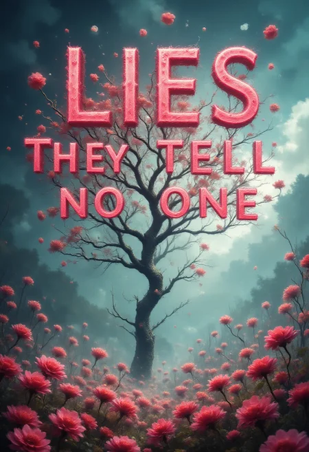 aidmaTextImprover, Cherry blossom standing tall on a glade of roses. Plumes of magic in the air. Bold Book Cover title saying "LIES THEY TELL NO ONE"