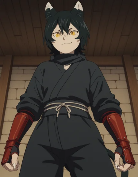 score_9, score_8_up, score_7_up, source_anime, <lora:izutsumi-s1-ponyxl-lora-nochekaiser:1>, izutsumi, black hair, animal ears, tail, yellow eyes, cat ears, cat tail, cat girl, slit pupils,, japanese clothes, gauntlets, ninja, black shirt, black pants,, museum, exhibits, art, history, visitors, smile, from below, looking at viewer, solo,, dutch angle, cowboy shot