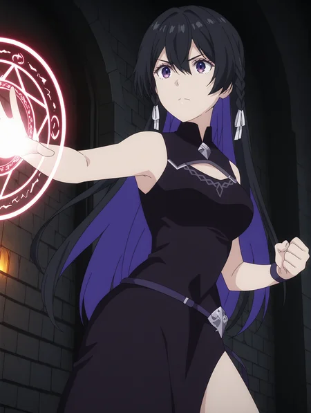 <lora:Tinasha_-_Unnamed_Memory:1> tinasha, 
black dress, sleeveless,clothing cutout, china dress
1girl,solo,
fighting stance,
magic circle, casting spell,
serious,
inside tower, stone wall,
masterpiece,best quality,amazing quality,