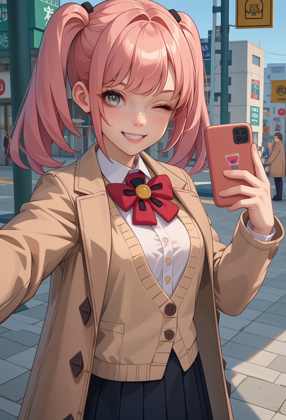 score_9, score_7_up, source_anime, BREAK  <lora:AEIda:0.7> AEIlda, grey eyes, long hair, pink hair, twintails, brown coat, cardigan, open coat, long sleeves, collared shirt, white shirt, red bowtie, black skirt, pleated skirt, loose socks, white socks, black footwear, loafers,
smile, wink, selfie, holding phone, o3o, v,