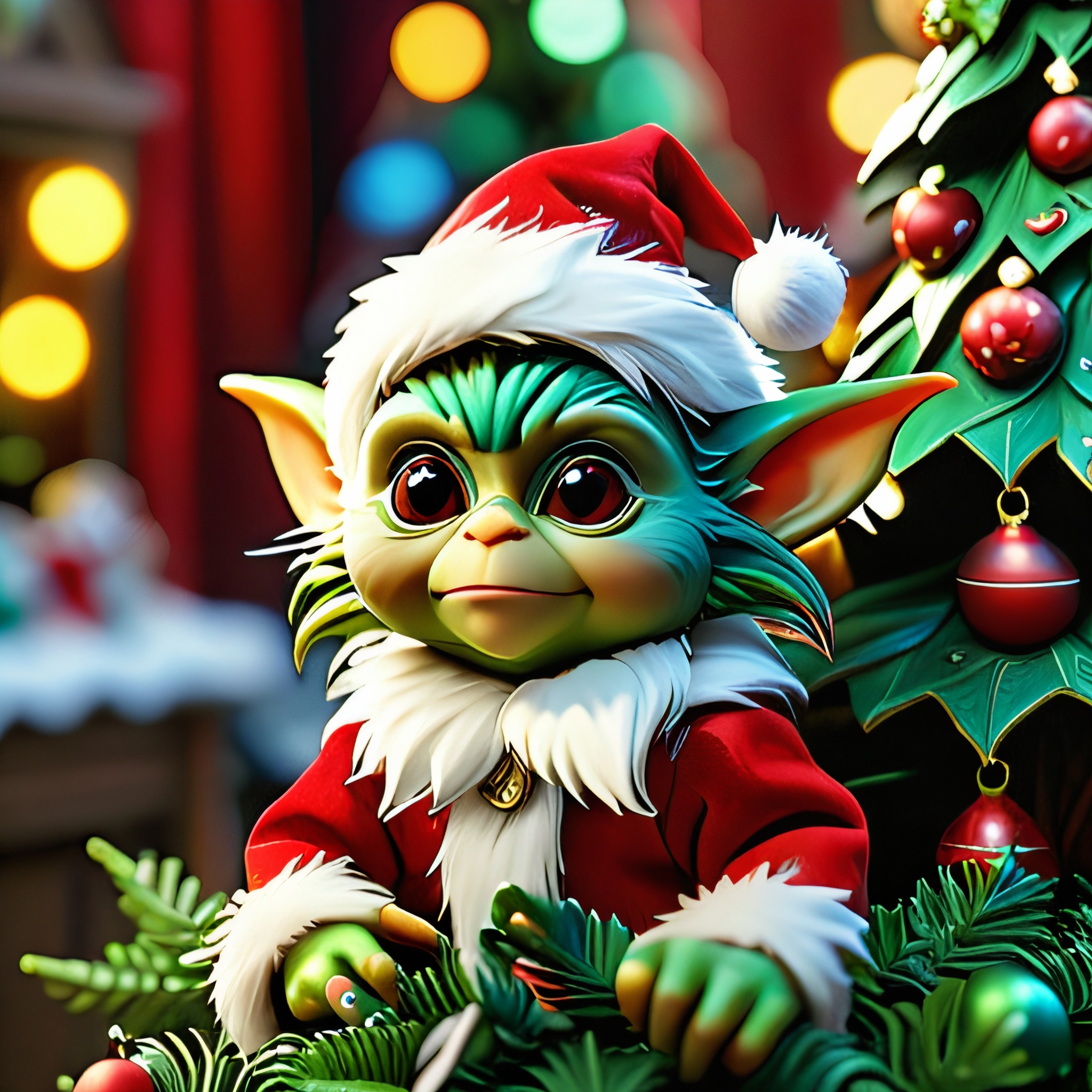 masterpiece, intricate photo, christmas gremlin, background kids elven toy factory at the north pole, christmas tree, festively decorated, christmas gifts, photo realistic, hyper realistic, highly detailed, sharp focus, best quality, high resolution, colorful, vibrant colors, studio lighting, 8K