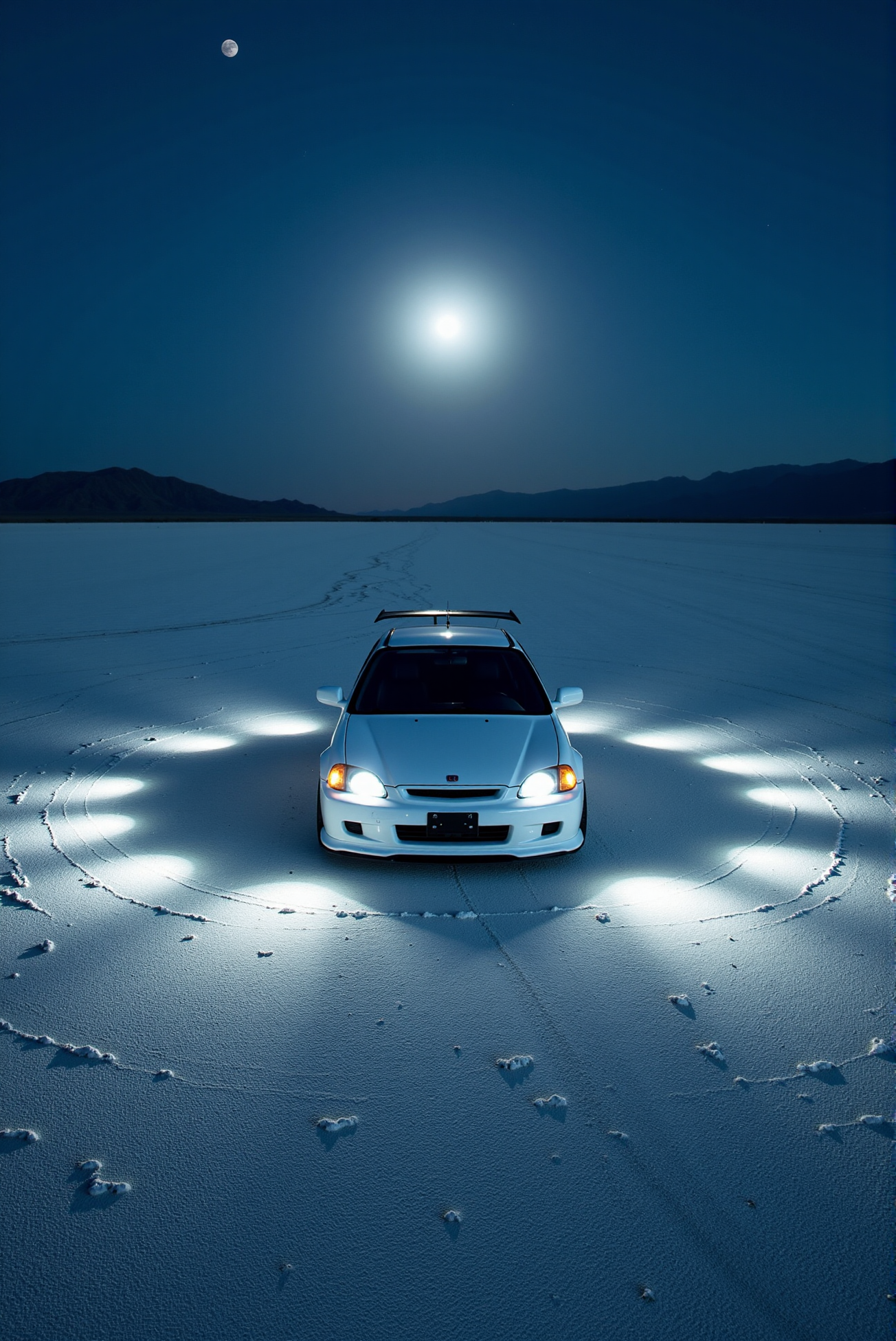 <lora:Honda_Civic_Type-R_EK9:1.0> Honda Civic Type-R EK9. 
Beneath the pale glow of a full moon in a silent desert salt flat, the (Honda Civic Type-R EK9 from '90) rests at the center of a perfect circle of headlights arranged like a ritual. Shot from an extreme overhead crane perspective, the symmetrical lighting creates concentric rings of brightness against the cracked earth, with the (Honda Civic Type-R EK9 from '90)âs white silhouette appearing ghostlike and pristine. The setting is surreal and dreamlike, with subtle gradients of moonlight mixing into a midnight blue sky, while the carâs reflections shimmer faintly on the salt crystals. Rendered in ultra-high-resolution with long exposure highlights and ambient shadows, the mood is reverent, mysterious, and meditative.  (A mirror-like, ultra-gloss finish of the car produces vivid, sparkling glints of light across its surface:1.1).