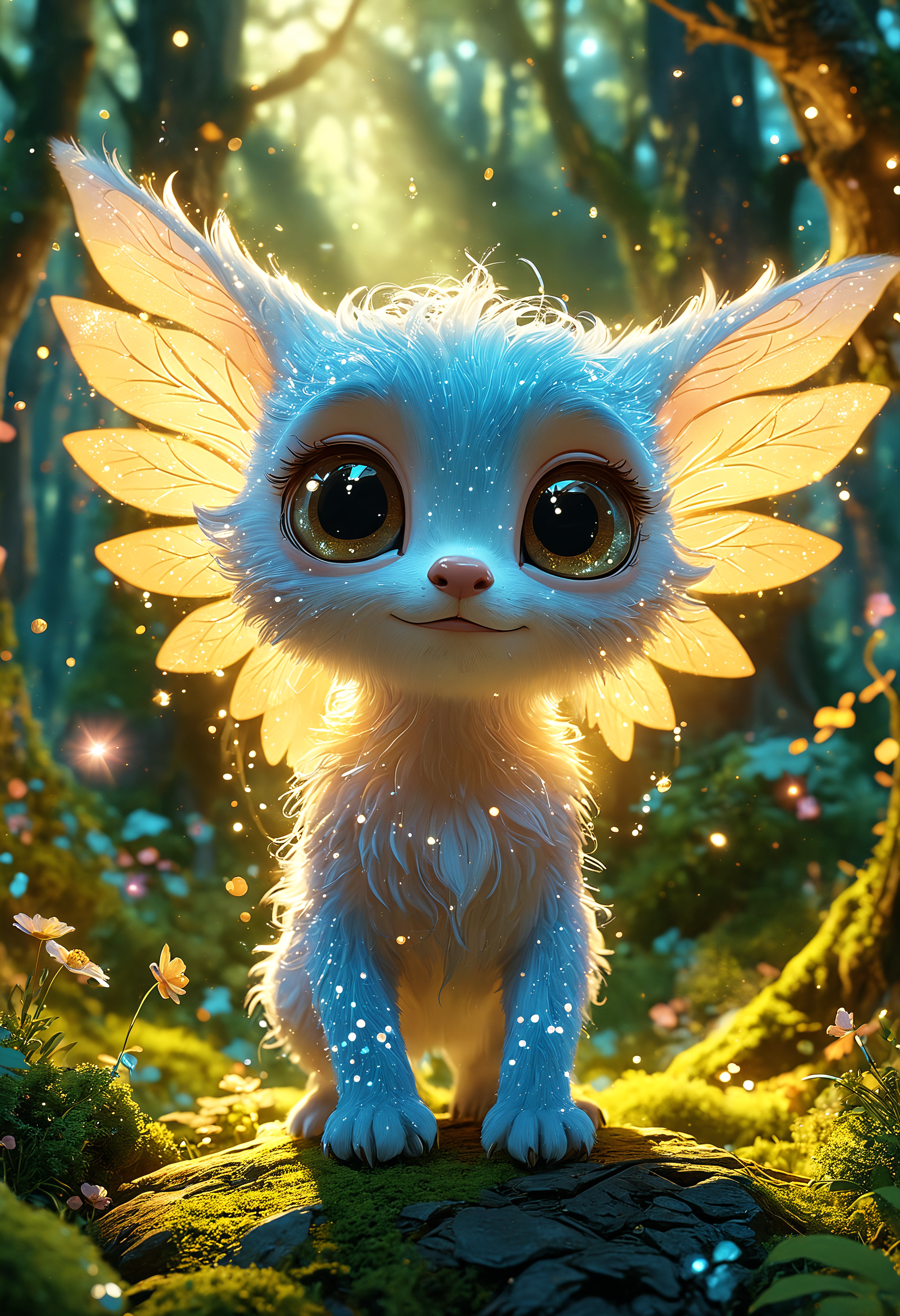 concept art A delightful, 3D-style mythical creature with a body made of translucent stardust, glowing and sparkling, as it chases fairies through an enchanted forest bathed in magical light<lora:add-detail-xl:0.5> <lora:MJ52:0.5> <lora:sss:0.5>, professional 3D design of a cute and adorable cartoon character with big eyes, charming animation, endearing personality, exaggerated features, dynamic pose, captivating expression, expert character design, vibrant and colorful textures, engaging storytelling, versatile animation style, high-quality render, volumetric, 4k . digital artwork, illustrative, painterly, matte painting, highly detailed