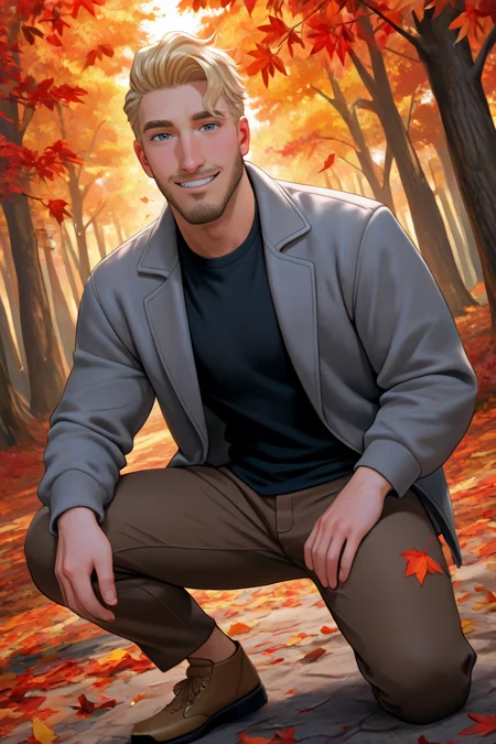 best quality, amazing quality, very aesthetic, absurdres, newest, dynamic angle, intricately detailed illustration, depth of field, masterpiece, volumetric lighting, expressive, dynamic action, masterpiece, perfect, clean detail, clean lines, smooth shading,
BREAK,autumn forest, falling leaves, smiling, looking at viewer, casual pose, outdoors, cold breeze,
BREAK, 1boy, male focus, solo,coralscott,blonde hair,short hair,blue eyes,facial hair, gray jacket, black shirt, open jacket, brown pants, brown shoes,