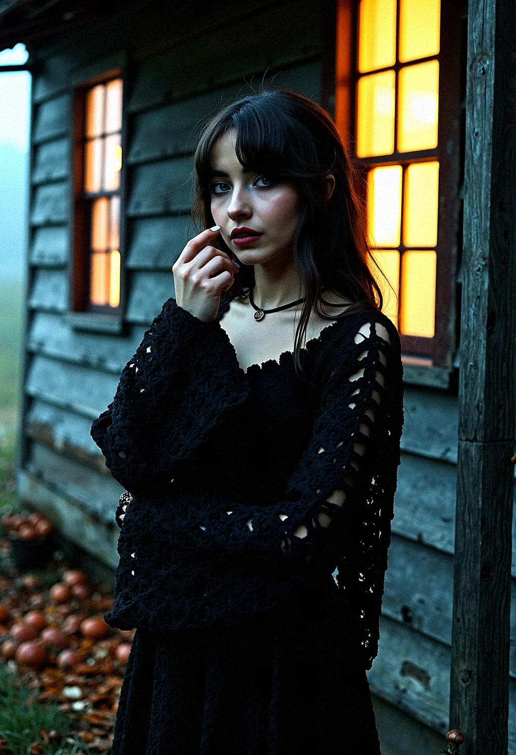 Extremely photorealistic photography of A Gothic woman with dark tones and intricate details, dressed in a bohemian crochet dress with voluminous bell sleeves. The outside rustic wooden house setting is illuminated by dramatic, high-contrast lighting, creating a moody, mysterious atmosphere. Black flowers and wilted blooms add to the textured, haunting beauty of the scene.
Incorporate a light mist or fog rolling through her surrounding, softening the edges and adding mystery.Introduce floating dust particles illuminated by light beams, adding texture and realism.
Her fingers lightly touch her lips, creating a delicate, contemplative pose.