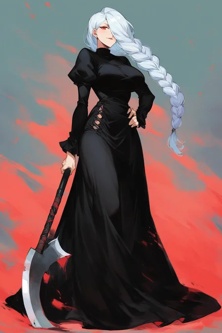 score_9, score_8_up, score_7_up, score_6_up, score_5_up, score_4_up, masterpiece, high quality, BREAK, full body, 1girl, large breasts, BREAK, <lora:meimei_JJK:0.8> Meimei_JJK, black outfit, gigantic battle axe, white hair,