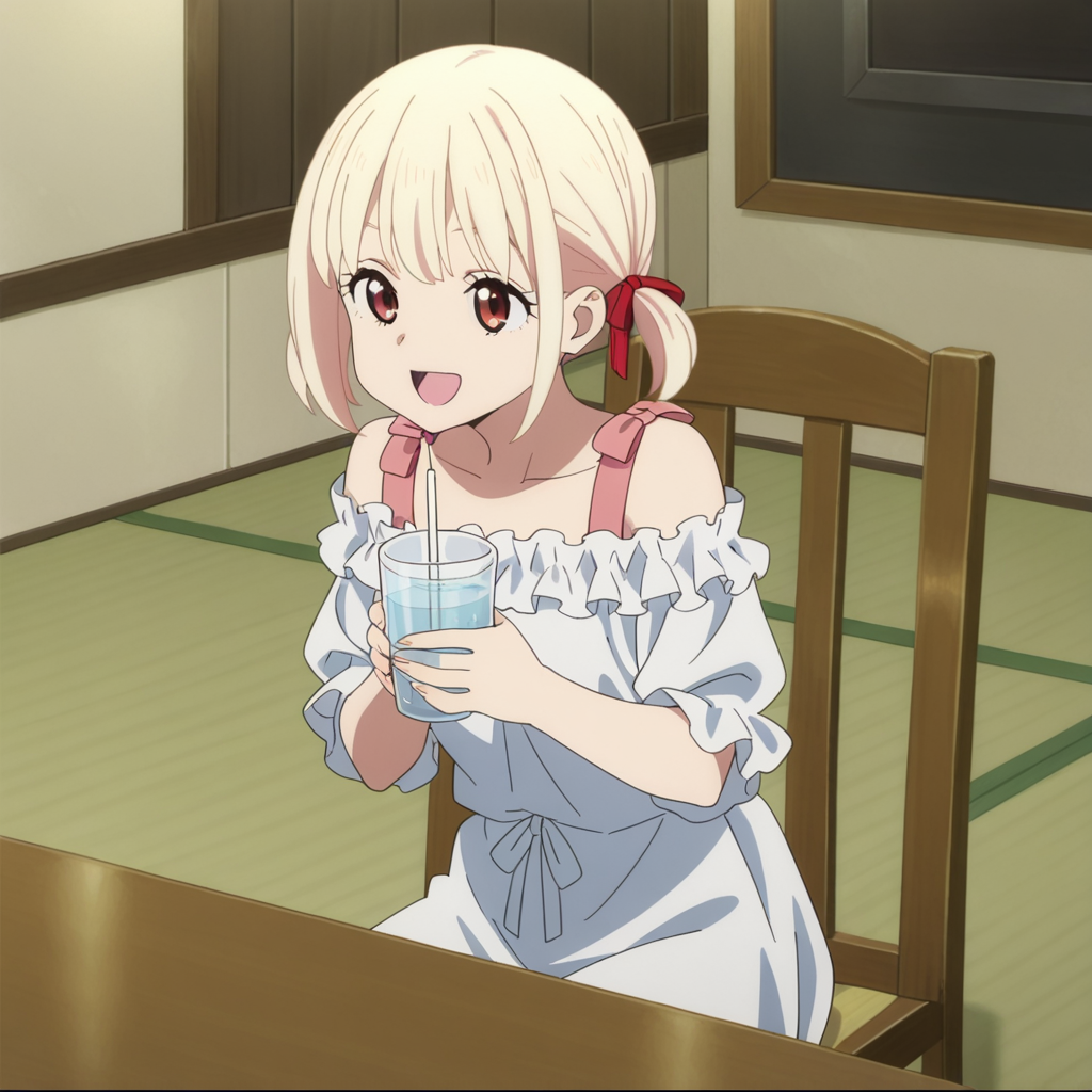 nsfw, masterpiece,best quality,amazing quality,1girl, solo, lycoris_recoil_chisato_nishikigi, blonde hair, red eyes, anime coloring, short hair, ribbon, hair ribbon, smile, chair, bangs, open mouth, sitting, twintails, red ribbon, cup, indoors, holding, short twintails, drinking glass, dress, off shoulder, frills, drinking straw, :d, shadow, shirt, ,<lora:Chisato_Nishikigi_-_Lycoris_Recoil:0.7>