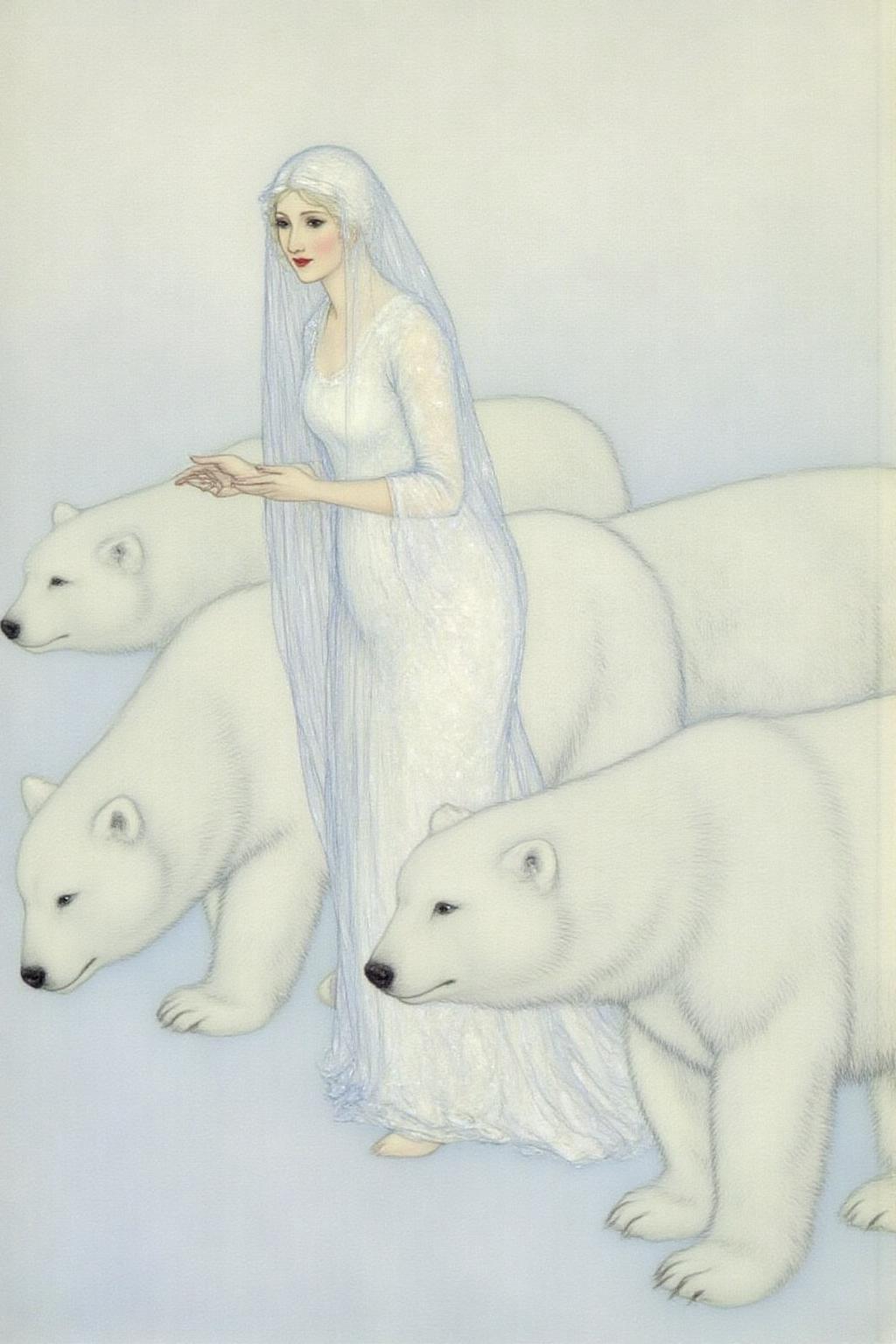dulac1 illustration. 
A Snow Queen with an ethereal appearance. She is dressed in a flowing, long white gown that seems to shimmer, possibly made of a translucent fabric or lace, giving it a delicate, ethereal quality. Her hair and face are obscured by a delicate, sheer veil that extends to the ground, adding to her otherworldly aura.
 <lora:dulac2_cap_d6a3e15:1.0><lora:816518745481558972:0>
