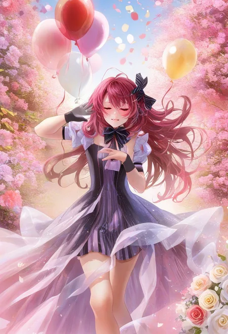 <lora:arutera_XL:1>,1girl,virtual youtuber,flower,solo,one eye closed,split-color hair,multicolored hair,long hair,streaked hair,smile,hair ornament,twintails,red eyes,thighhighs,gloves,open mouth,rose,bouquet,holding,animal ear legwear,looking at viewer,black hair,ribbon,two-tone hair,white gloves,ahoge,very long hair,;d,hair flower,dress,blush,happy birthday,holding bouquet,hair ribbon,bangs,bow,short sleeves,confetti,white background,hair bow,pink flower,puffy sleeves,balloon,striped,pink rose,single thighhigh,red flower,red hair