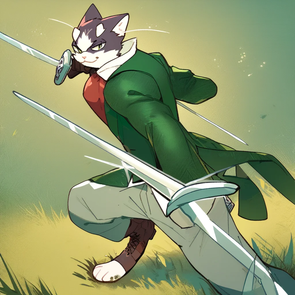 score_9, score_8_up, score_8, furry, Nyanta, cat, long whiskers, green eyes, cartoon style, 2d, furry male, solo, green suit, pants, boots, fighting stance, holding sword, looking at viewer, smirk, outside, on grass