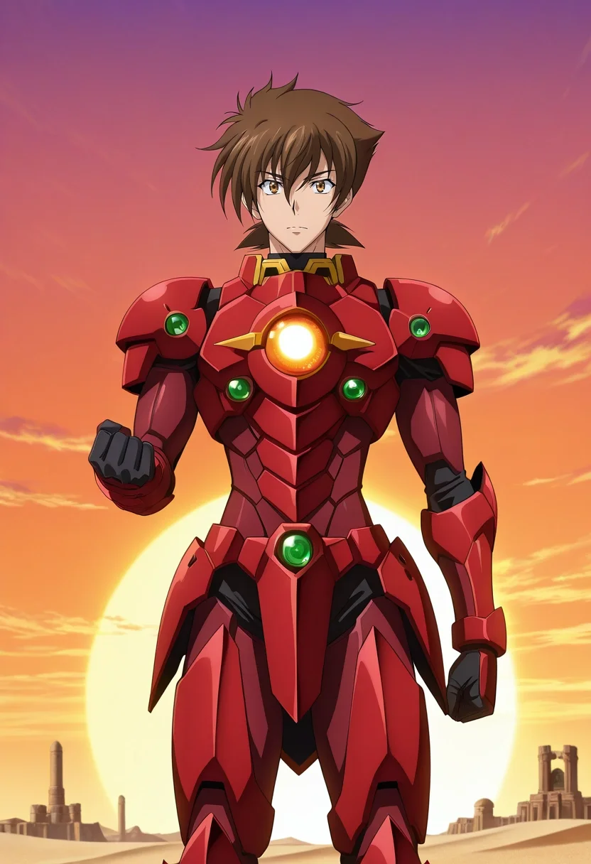 masterpiece, best quality, , anime screencap, anime coloring, official style, looking at viewer, 1boy, solo, male focus, <lora:issei_hyoudou_ilxl:0.94>, issei_hyoudou, brown hair, brown eyes, hair between eyes, short hair, armor, full armor, robot, mecha, glowing eyes, no humans, desert palace, sand towers, sun courts, wind gardens, noble pose, regal expression, golden hour,