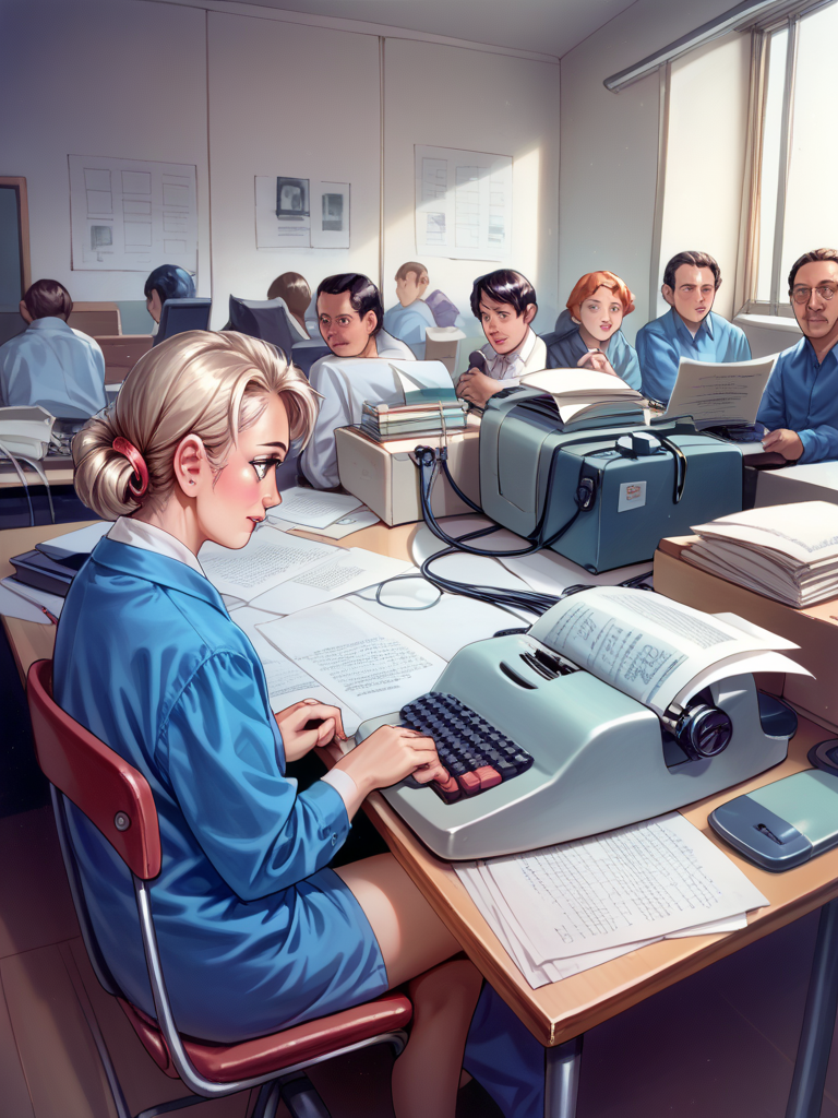 score_9, score_8_up, score_7_up, source_anime, BREAK

a busy and chaotic office building of a newspaper in the 1950s,

Young reporters throughout the office,

electric typewriter, (typing:1.2), cable, papers, Crossed Legs, desks, people, phone calls, corded phones