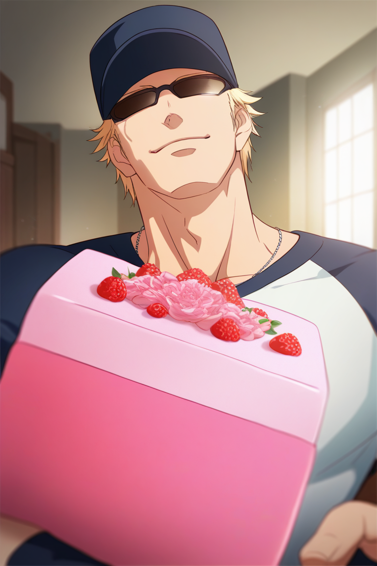 score_9, score_8_up, score_7_up, source_anime, rating_questionable, realistic shading, cute theme, holding a cake, male focus, looking at viewer, expressive face, stillkof, black_stillkof_hat, blonde_stillkof_short hair, black_stillkof_sunglasses, 1boy, happy, wide smile, shiny skin, shirt, indoors living room, dynamic angle, intricately detailed illustration, depth of field, atmospheric perspective, masterpiece, best quality, amazing quality, very aesthetic, absurdres, newest, anime screencap