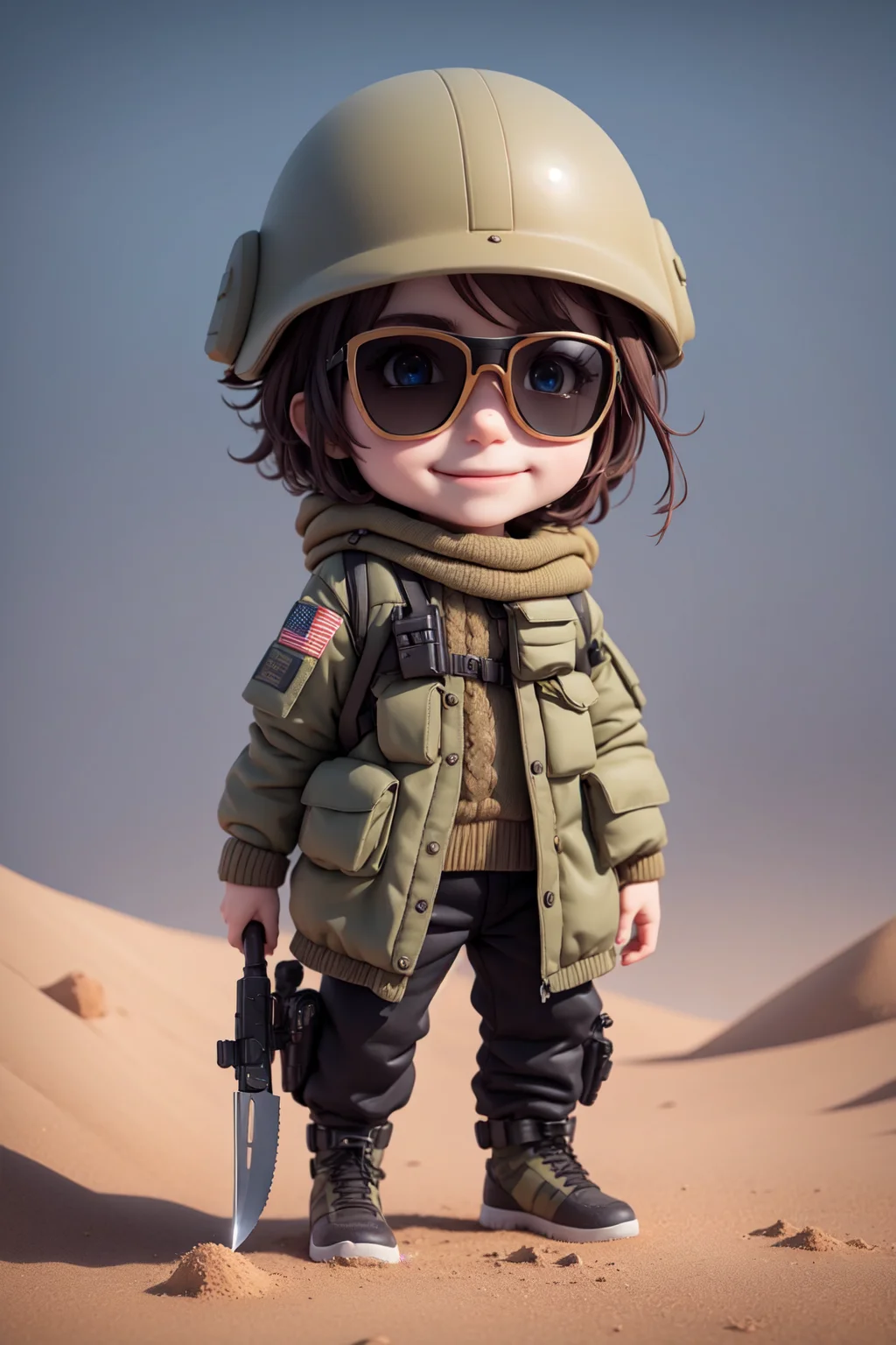 (masterpiece),(best quality),(ultra-detailed), (full body:1.2), 1boy,chibi, smile,(beautiful detailed face), (beautiful detailed eyes), (Simple and clean style_1.5), tactical vest, long overcoat, ballistic gear, black gear, (brown sweater),
sniper rifle, camouflage pants, checkered sash, knife, desert, sand, wind, military helmet, sunglasses,
<lora:blindbox_V1Mix:1> ,