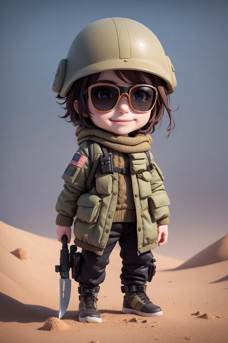 (masterpiece),(best quality),(ultra-detailed), (full body:1.2), 1boy,chibi, smile,(beautiful detailed face), (beautiful detailed eyes), (Simple and clean style_1.5), tactical vest, long overcoat, ballistic gear, black gear, (brown sweater),
sniper rifle, camouflage pants, checkered sash, knife, desert, sand, wind, military helmet, sunglasses,
<lora:blindbox_V1Mix:1> ,