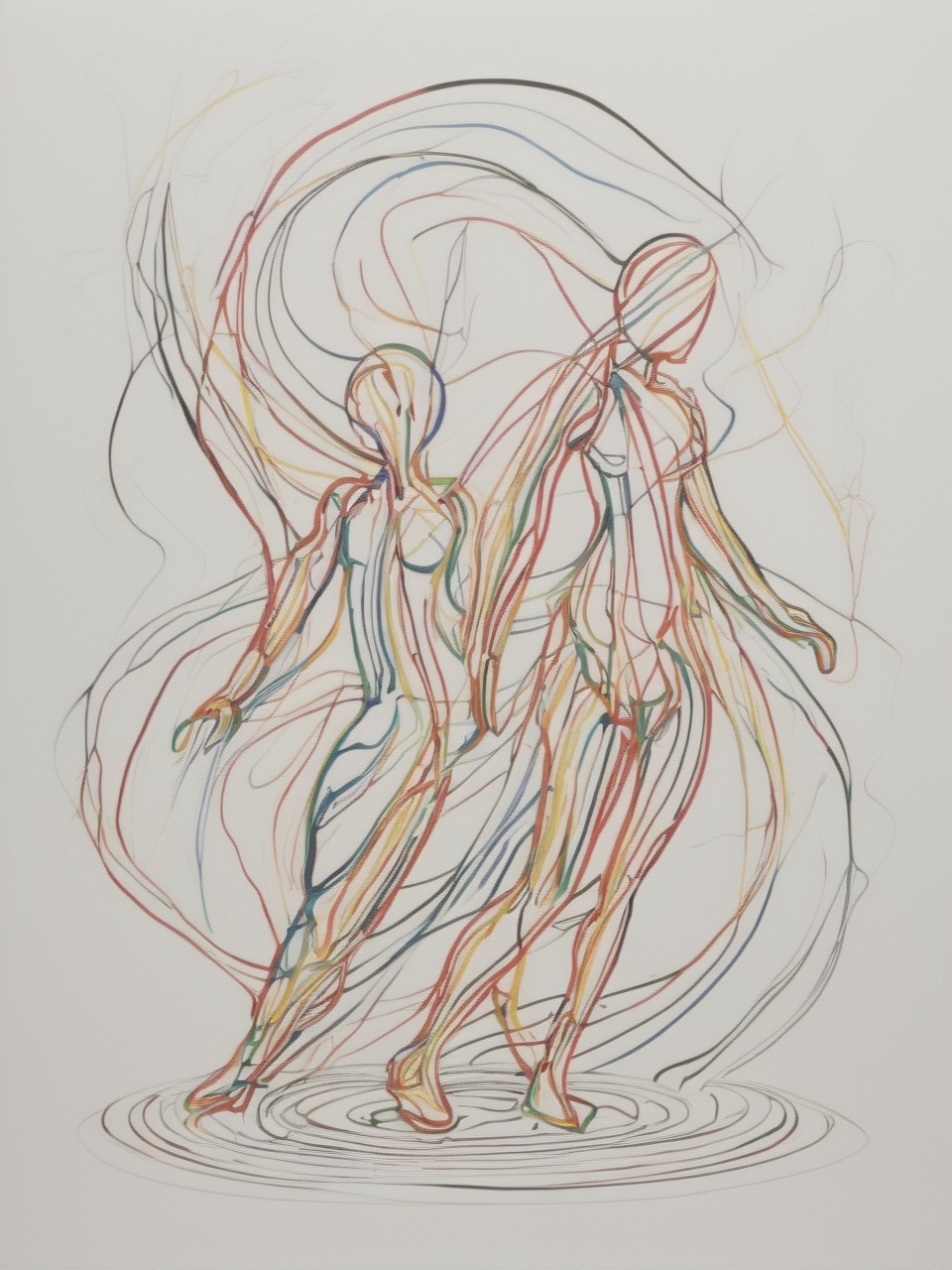 This dynamic image features an abstract depiction of three human figures drawn with fluid, continuous lines. The central figure is highlighted with vibrant, multicolored lines that suggest movement and energy, two figures in the background are sketched with lighter, single-color lines, contrast and depth. The use of overlapping lines and varying thicknesses creates a sense of motion and fluidity, <lora:artfullyILLUSKETCH_SDXL_V1:1.0>, artllsktch