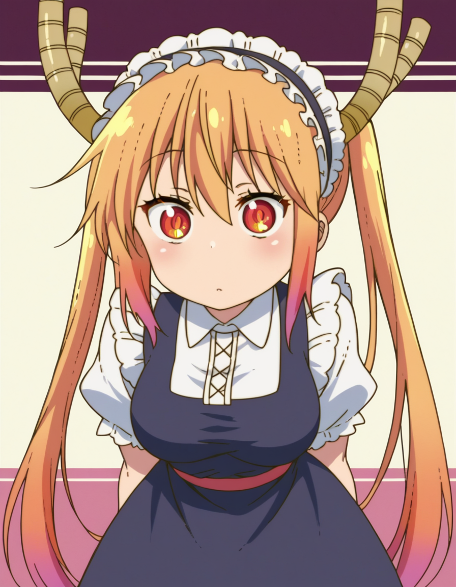 zPDXL, score_9, score_8_up, score_7_up, source_anime, (portrait),  <lora:KobayashiDragonPack:1> drgmd, 1girl, solo,
tohru \(maidragon\), blonde hair, two-tone hair, orange hair, horns, red eyes, orange eyes , waitress wearing Elegant burgundy dress with a draped neckline, patterned stockings, black heels, retro-style headband with a bow, wearing a wristwatch,