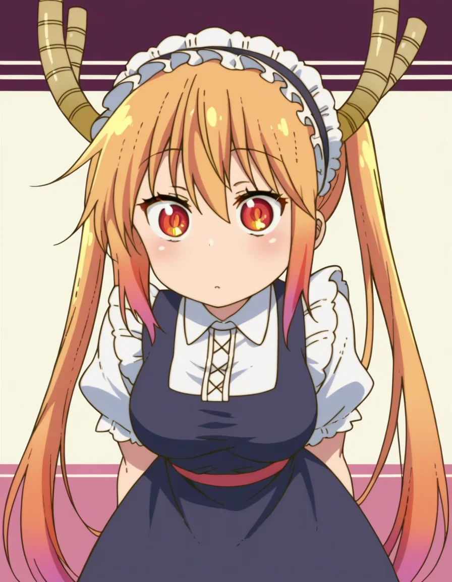 zPDXL, score_9, score_8_up, score_7_up, source_anime, (portrait), <lora:KobayashiDragonPack:1> drgmd, 1girl, solo,
tohru \(maidragon\), blonde hair, two-tone hair, orange hair, horns, red eyes, orange eyes , waitress wearing Elegant burgundy dress with a draped neckline, patterned stockings, black heels, retro-style headband with a bow, wearing a wristwatch,
