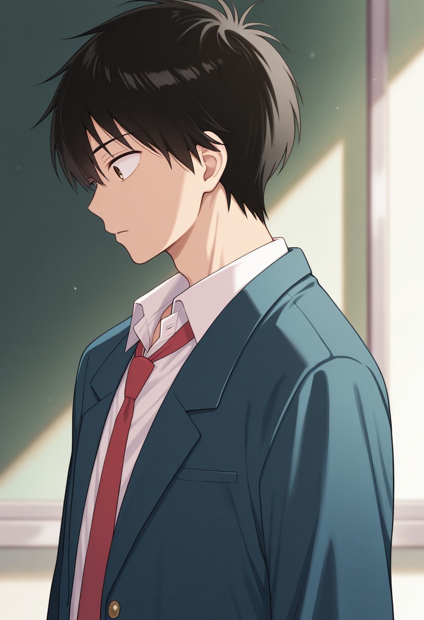masterpiece,best quality,amazing quality, source_anime, 
kazahaya, 1boy, male focus, solo, brown eyes, black hair, school uniform, shirt, white shirt, collared shirt, necktie, red necktie, jacket, blazer, blue jacket, open jacket,