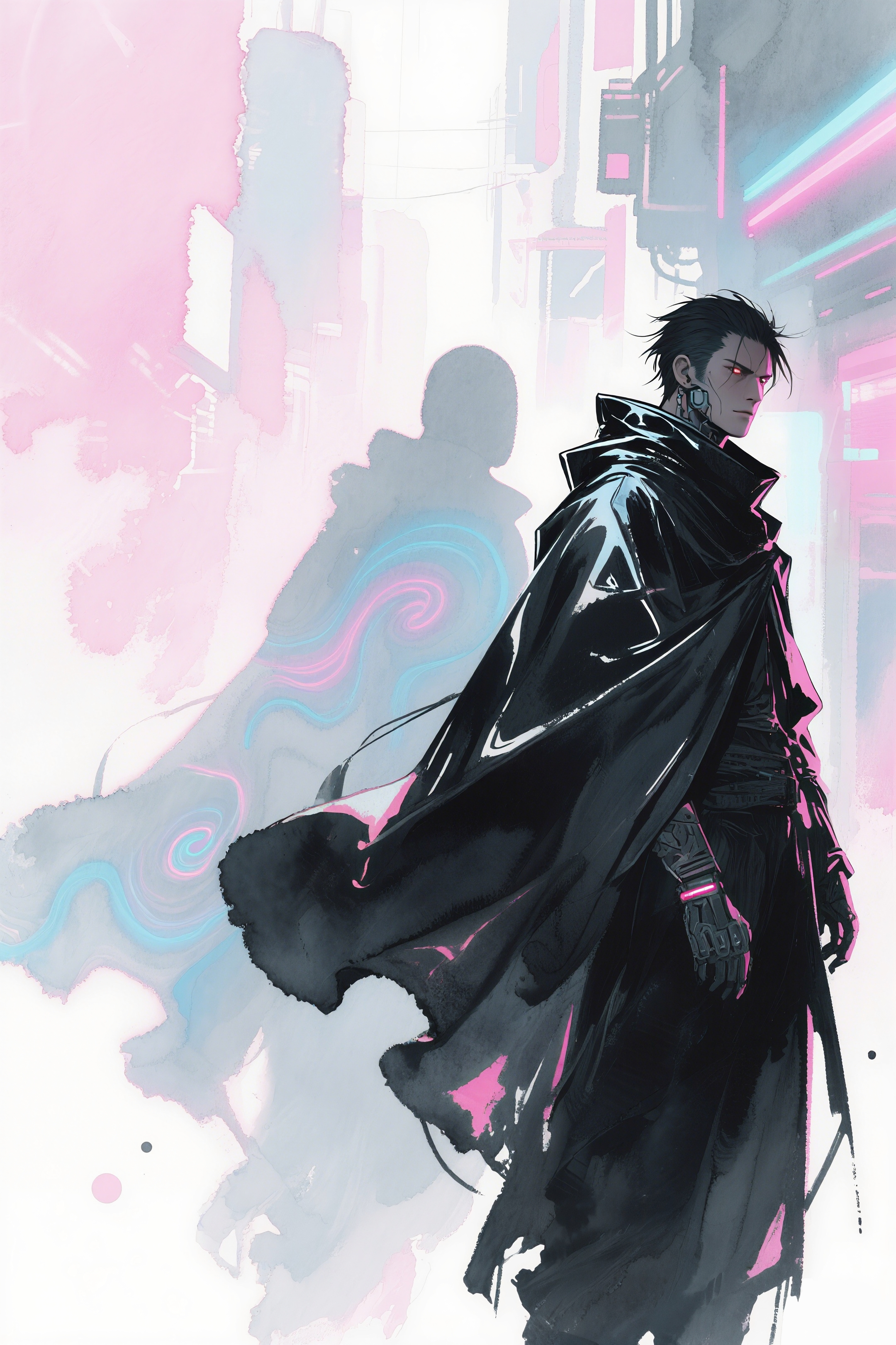 A dramatic charcoal drawing on rough parchment paper, illustrating a cyberpunk ronin cloaked in shadow. His silhouette, defined by broad strokes, stands firm beneath faint neon light hints. A spectral figure, ghost-like and smoky, emerges from his shadow in swirling charcoal textures. The background features blurred outlines of a futuristic cityscape, evoking a dreamlike noir atmosphere. The contrast between deep blacks and subtle gray gradients emphasizes mood and mysticism