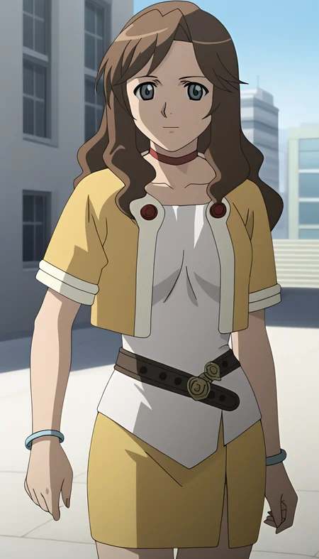 score_9, source_anime BREAK, oldest, anime screencap, outdoors, day, city, <lora:MirandaMaverick(Pony)-10:1>MirandaMaverick, 1girl, solo, long hair, brown hair, choker, red choker, bracelet, grey bracelet, wristband, jacket, open jacket, multicolored jacket, short dress, white dress, short sleeves, belt, belt buckle, buttons, red buttons, pencil skirt, yellow skirt, pose,