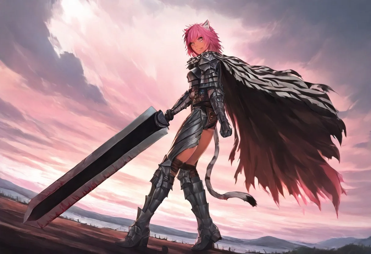 masterpiece, very aesthetic, anime screenshot, 1girl, Pink_PonyXL, DragonSlayerSword-Il.V1.0, white tiger striped armor, white tiger striped shoulder armor, gauntlets, greaves, bandaged arm, white tiger striped cape, torn cape, bright pink hair, cat ears, scar on nose, cat bell around neck, tanned, white tiger tail, small breasts, femine body, smiling, making a cute cat face, single fanged tooth showing, standing, looking at viewer, side view, wielding-dragonslayer, huge weapon, sword, holding sword, holding weapon, full body, zoomed in on pink_ponyxl, Dutch angle, zoom in on upper body
Break
Hyilian lake, bright and sunny,