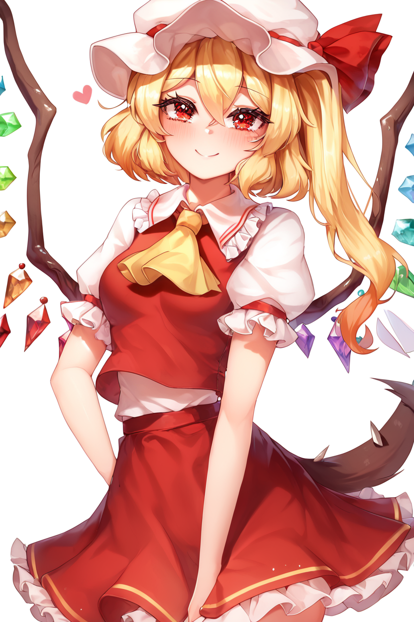 score_9, score_8_up, score_8, medium breasts, (curvy), cute, eyelashes,       BREAK, ,  ,,,  zzFlandre, red eyes, blonde hair, one side up, hair between eyes,  wings, ascot, red skirt, hat ribbon, short sleeves, puffy sleeves, mob cap, red shirt,  <lora:FlandreTouhou_PDXL:0.8>,   ,,, , BREAK, smile, closed mouth, looking at viewer, cowboy shot, ,,, embedding:zPDXL, Expressiveh, ,,, <lora:Puppypaww_Style_PDXL_v2:0.8>, <lora:SDXLFaeTastic2400:0.5>, <lora:Expressive_H-000001:0.4>,