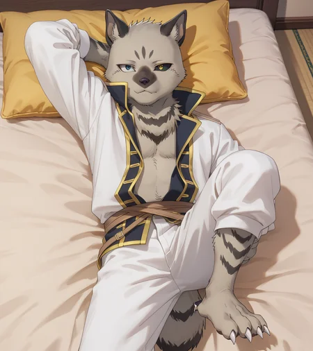score_9, score_8_up, score_7_up, score_6_up, score_5_up, score_4_up,hi res,high-angle view, canid,mammal, furry male, heterochromia, blue-grey eye, white sclera, yellow eye, black sclera, lean body,lying, on back,white jacket, gold trim, white bottomwear, partially unbuttoned, v-cut,head on pillow,tired, waking up, markings,feet, claws, on bed, tail, male, narrowed eyes:1.5, <lora:lanteveldtXL:1>,  <lora:Eyes:1>