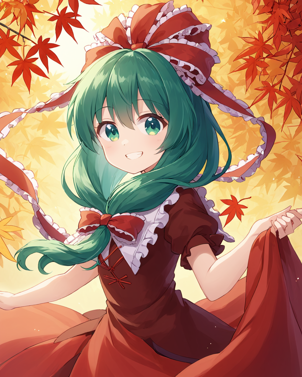 kagiyama hina,1girl, solo, front_ponytail, leaf, frilled_ribbon, hair_ribbon, red_ribbon, upper_body, hair_bow, autumn_leaves, grin, red_dress, red_bow, happy
<lora:kagiyama_hina_image8413_2023-12-14:1>,star-shaped_pupils,symbol-shaped_pupils,. gorgeous,key visual, vibrant, studio anime,award-winning, professional, highly detailed,high budget, cinemascope