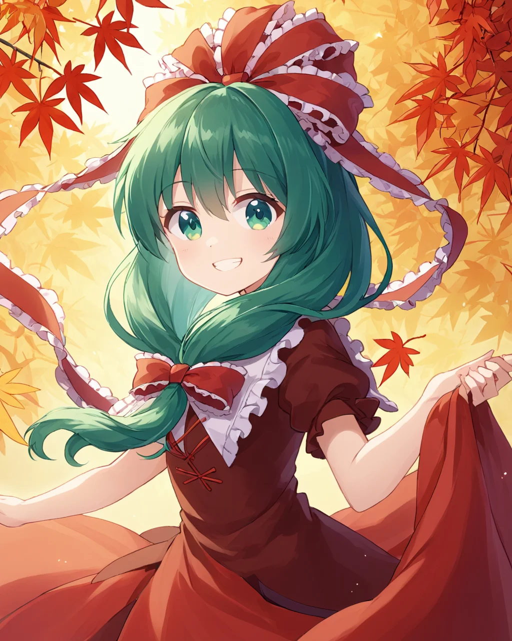 kagiyama hina,1girl, solo, front_ponytail, leaf, frilled_ribbon, hair_ribbon, red_ribbon, upper_body, hair_bow, autumn_leaves, grin, red_dress, red_bow, happy
<lora:kagiyama_hina_image8413_2023-12-14:1>,star-shaped_pupils,symbol-shaped_pupils,. gorgeous,key visual, vibrant, studio anime,award-winning, professional, highly detailed,high budget, cinemascope