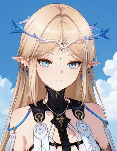 masterpiece, best quality, highly aesthetic, absurdres, 1girl, cartethyia, multicolored eyes, bright pupils, blonde hair, long hair, loosely tucked bangs, hair behind ear, parted bangs, sidelocks, crown of thorns, multiple earrings, blue earrings, tacet mark, undersuit, stole, detached sleeves, smile, looking at viewer, upper body, three quarter view, day, blue sky, cloud <lora:cartethyia-il-v3:1>