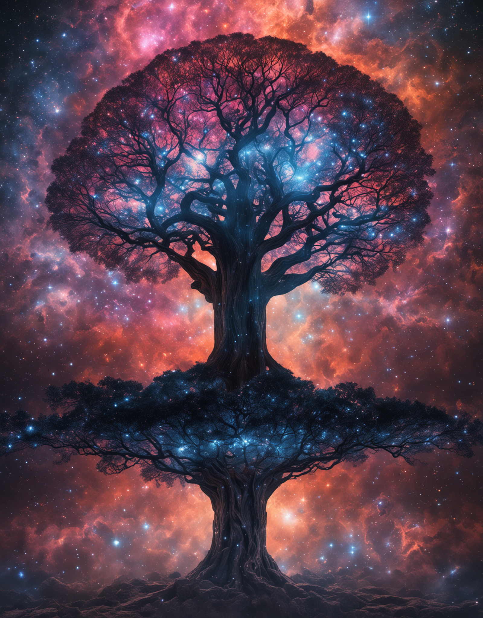 A cosmic tree at the heart of an expanding galaxy BREAK
The cosmic tree stands majestically at the center of a swirling galaxy, its branches reaching out to touch distant stars and shimmering nebulae. Around it, colorful planets and asteroids glide in a celestial ballet, creating a breathtaking cosmic spectacle. BREAK
The light emanating from the cosmic tree illuminates the infinite space, casting shimmering reflections and mysterious shadows on the surrounding celestial bodies. Starbursts twinkle like diamonds in the endless sky. BREAK
Capture the grandeur and transcendence of this cosmic tree at the heart of the expanding universe. Use vibrant colors and luminous effects to depict the magic and power of this unique tree. Create an artwork that evokes wonder and awe, transporting the viewer on an intergalactic journey. Let your imagination run wild and create an image that pushes the boundaries of art and creativity.