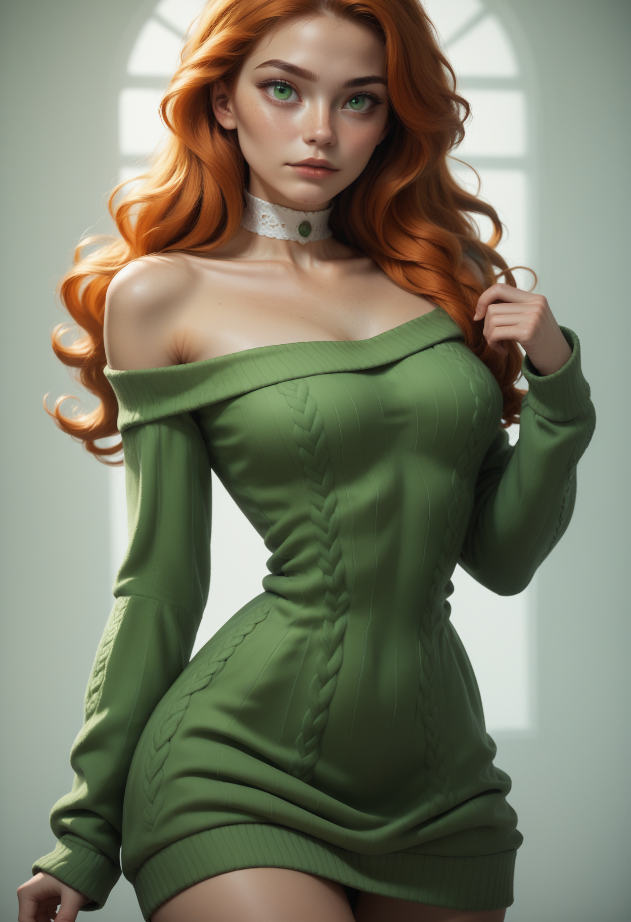 score_9, score_8_up, score_7_up,
1girl, solo, cowboy shot, sexy sweater dress, green dress, scoop neck, long sleeves, bare shoulders, white choker,
<lora:Dark_Erin_Pony_v0.1:0.5> d4rk3r1n, orange hair, green eyes,