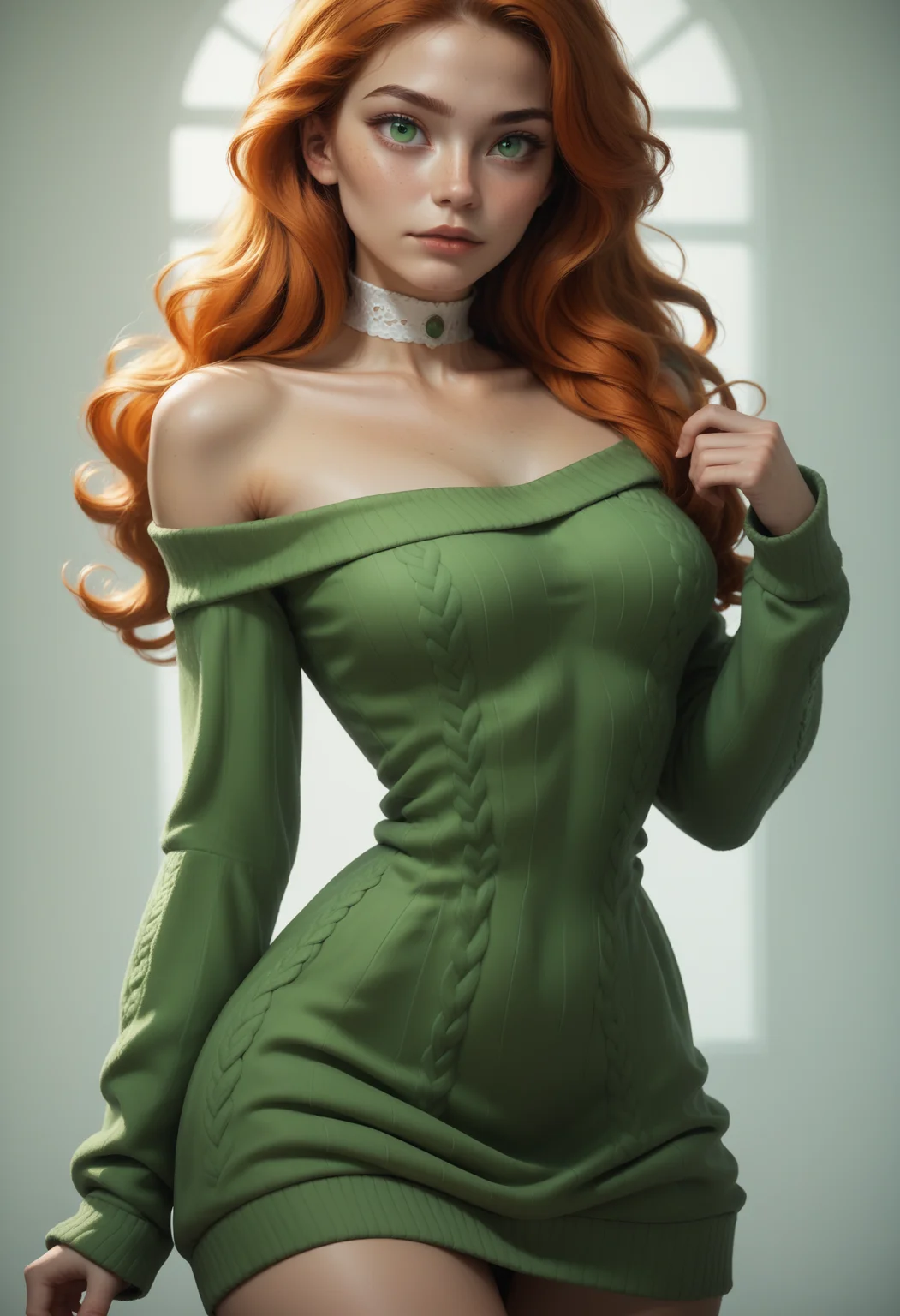 score_9, score_8_up, score_7_up,
1girl, solo, cowboy shot, sexy sweater dress, green dress, scoop neck, long sleeves, bare shoulders, white choker,
<lora:Dark_Erin_Pony_v0.1:0.5> d4rk3r1n, orange hair, green eyes,