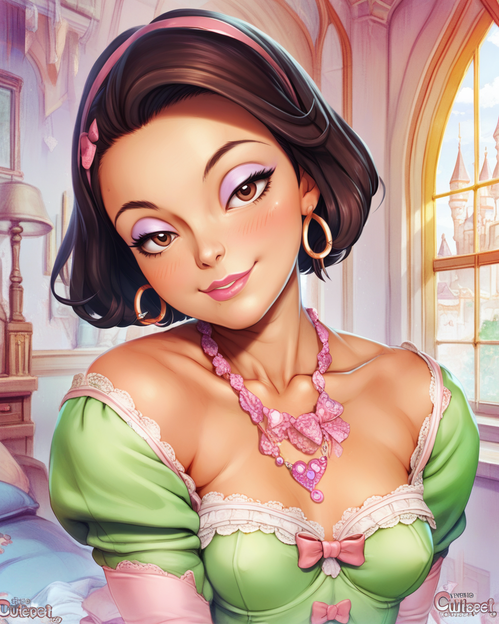 score_9, score_8_up, score_7_up, zPDXL3, zPDXLxxx, uncensored, BREAK, <lora:ctpt_v1t1pnyez:1> ctpt, 1girl, hetero, lips, uncensored, head tilt, small breasts, blush, lips, makeup, lipstick, eyeshadow, eyelashes, eyeliner, mascara, collarbone, lace trim, bow, aside, realistic, necklace, undersized clothes, hoop earrings, indoors, castle, smile, black hair, brown eyes, short hair