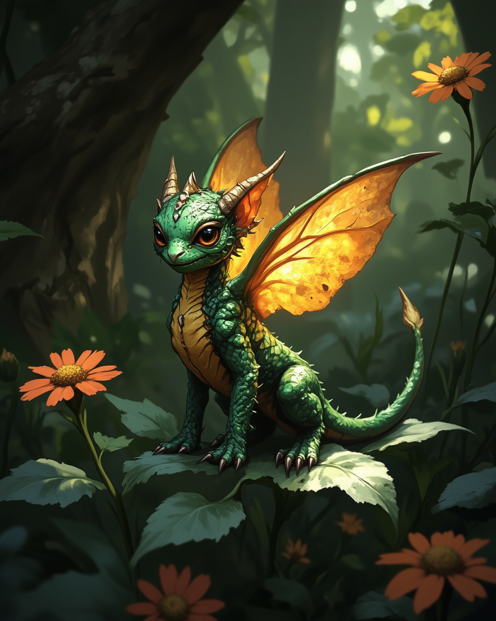 wc1dnd_style, in the style of cksc, Digital painting, a miniature fairy dragon, its scales shimmering in vibrant hues of green and gold, perched on a delicate leaf. Its tiny claws grip the edge, and its wings glisten as sunlight filters through them, casting faint rainbows onto the nearby flowers.
 <lora:Flux.Digital_Painting_DnD:1> <lora:ck-shadow-circuit-000021:0.4>