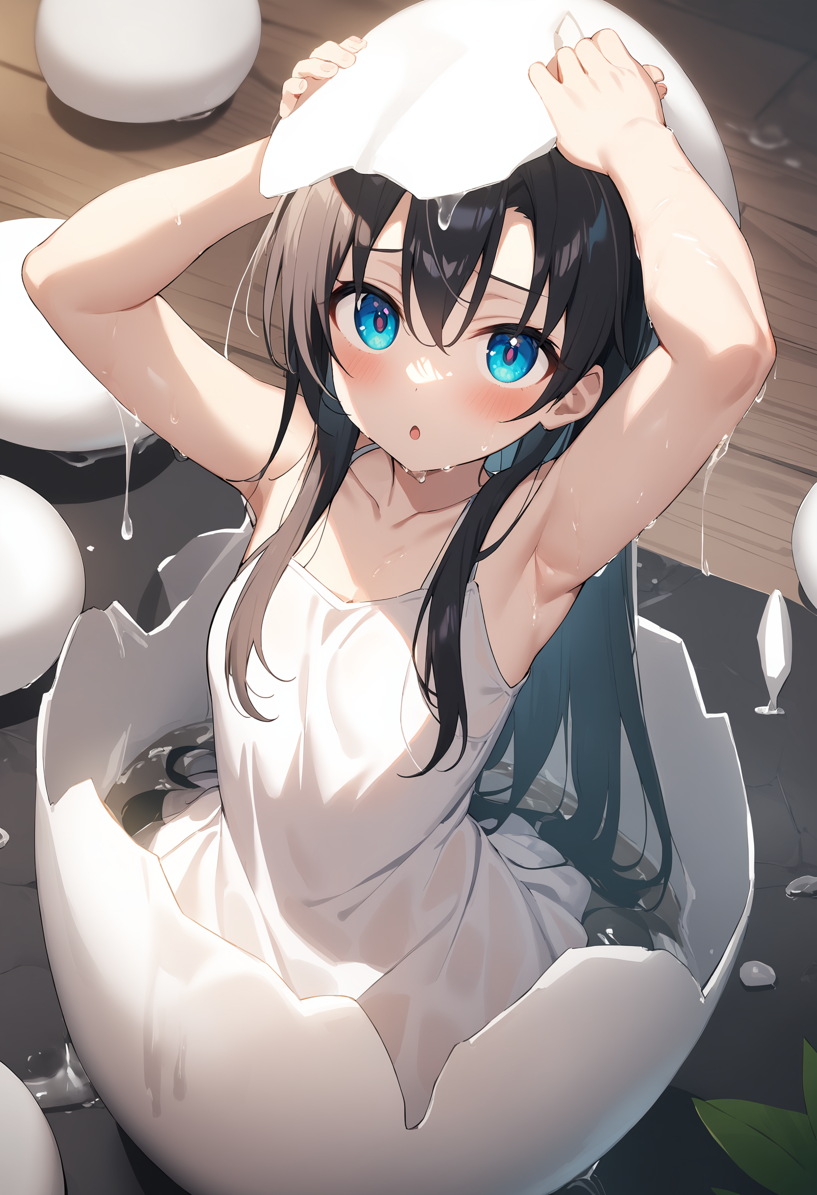 1girl,sincos, ningen mame, toosaka asagi,
hatching, eggshell, looking at viewer, open mouth, arms up, crack, slime (substance), suggestive fluid, hands up, white dress, ,wet,wet clothes, wet hair, <lora:hatching_XL_v1:0.8>
best quality, very aesthetic, absurdres,