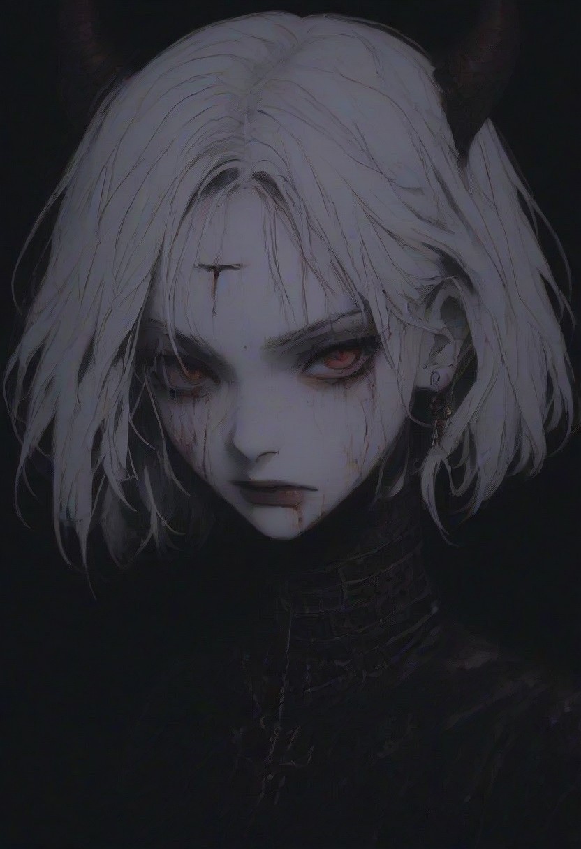score_9, score_8_up, score_7_up, flat color, blood dripping from mouth, demon girl, demon horns, gthan, gothic, jewelry, red eyes, solo, blood, earrings, cross, 1girl, black background, looking at viewer, portrait, short hair, necklace, blood on face, cross necklace, simple background, spot color, closed mouth, white hair, cross earrings