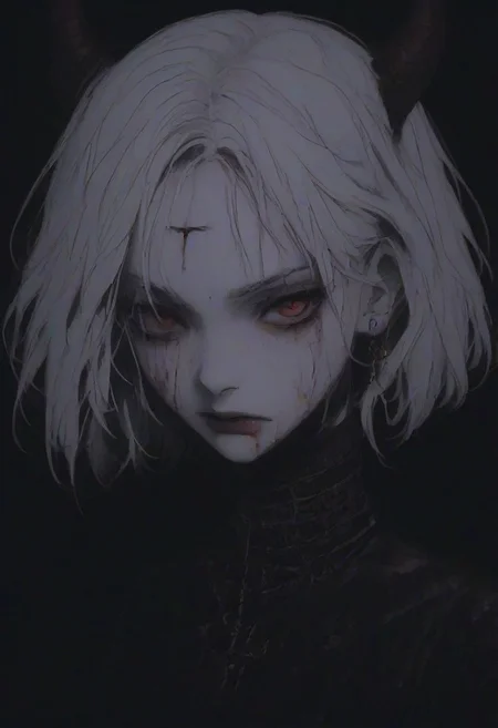 score_9, score_8_up, score_7_up, flat color, blood dripping from mouth, demon girl, demon horns, gthan, gothic, jewelry, red eyes, solo, blood, earrings, cross, 1girl, black background, looking at viewer, portrait, short hair, necklace, blood on face, cross necklace, simple background, spot color, closed mouth, white hair, cross earrings