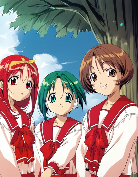 score_9, score_8_up, score_7_up, <lora:to-heart-ponyxl:0.95> 3girls, serafuku, upper body, outdoors, smile
3girls, kamigishi akari, red hair, yellow hairband, serafuku, upper body, outdoors
3girls, maruchi, green hair, short hair, robot ears, serafuku, upper body, outdoors
3girls, nagaoka shiho, short hair, brown hair, serafuku, grin, upper body, outdoors
